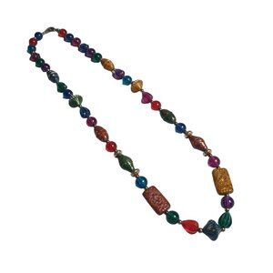 Vintage Multi Color Acrylic Beaded Necklace With Silver Tone Accents Costume